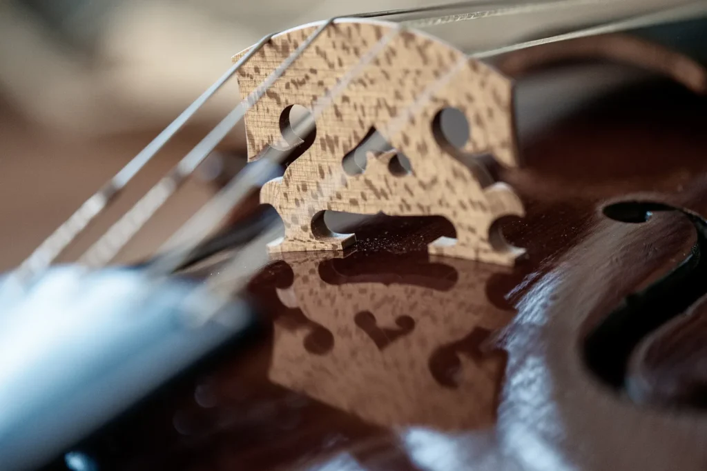 A closeup of a baroque viola bridge