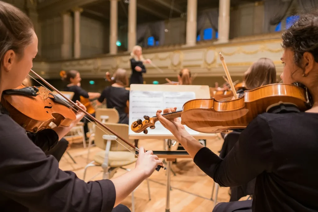 image of violists playing in an orchestra